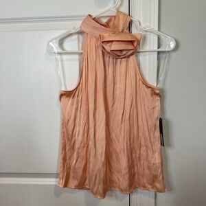 Worthington Halter Sleeveless Blouse Peach Satin w Rose‎ Womens Size XS